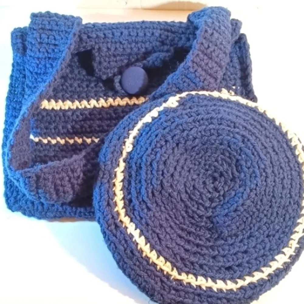 Blue and White Knit Beret with Matching Shoulder Bag
